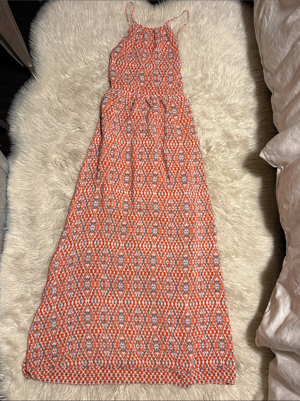 Silk Joie Orange and White Geometric Maxi Dress
